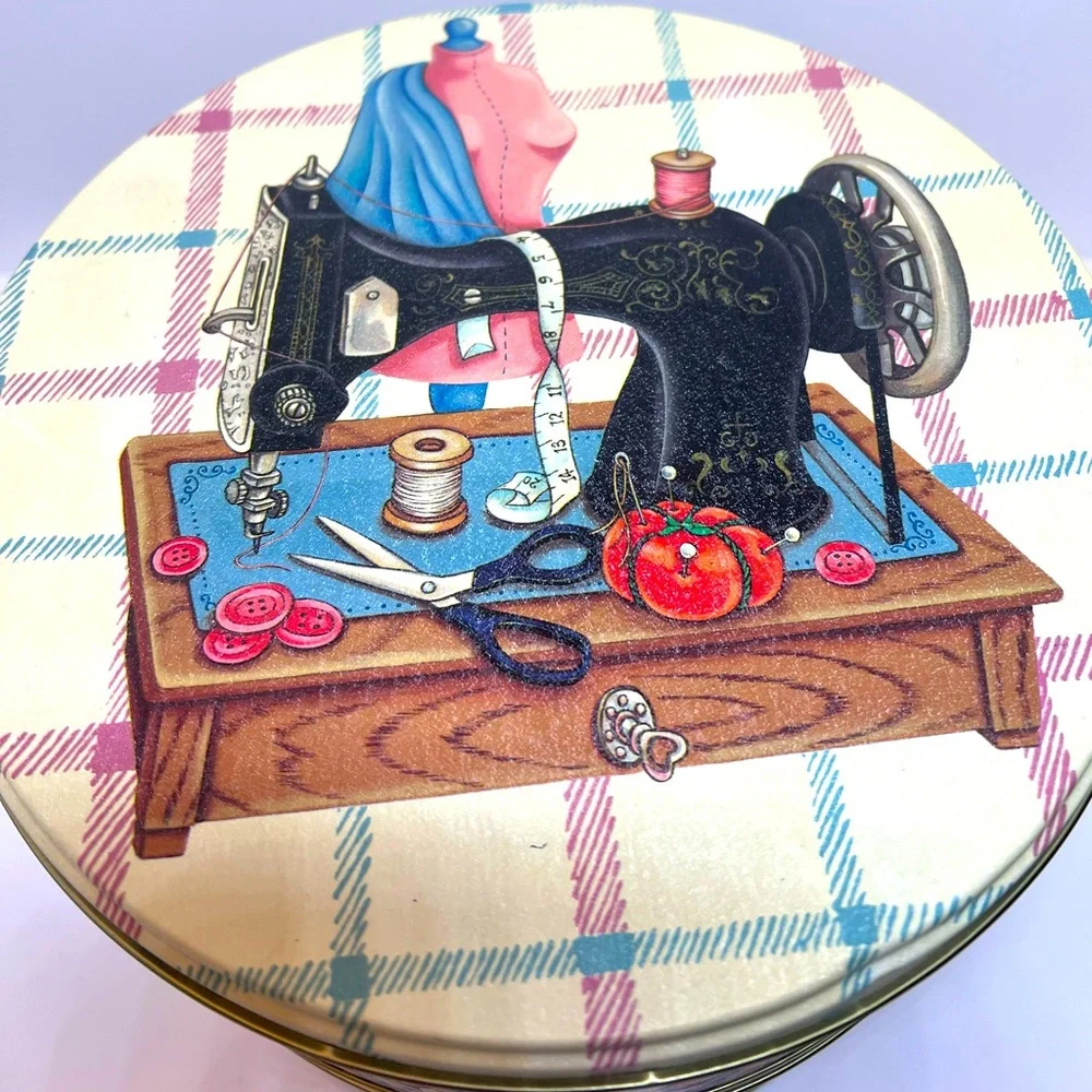 Two Rare Vintage Tin Boxes Featuring a Sewing Machine & Sewing Notions. New
